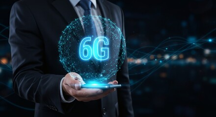 6G Network Connection Businessman holding futuristic mobile tech.