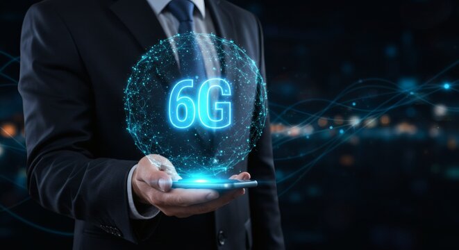 6G Network Connection Businessman holding futuristic mobile tech.