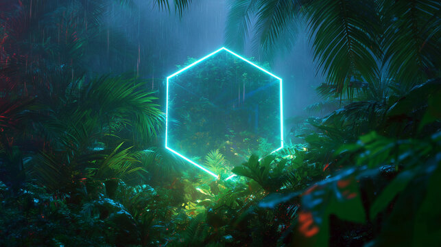 Bright neon blue hexagon glowing in a dark, mysterious tropical rainforest - Powered by Adobe