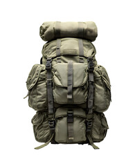 Fototapeta premium Large olive green hiking backpack with multiple compartments and rolled sleeping bag