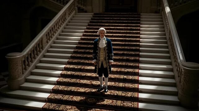 Nobleman in embroidered coat and powdered wig standing on grand staircase in manor house with sunlight casting shadows