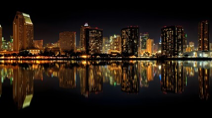 Fototapeta premium Illuminated skyscrapers line the waterfront, casting reflections across the still water during the night.