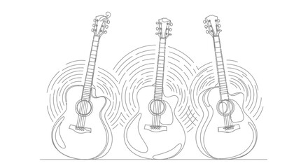 Obraz premium Three acoustic guitars are depicted in a line art style, with radiating sound wave patterns emanating from each instrument.