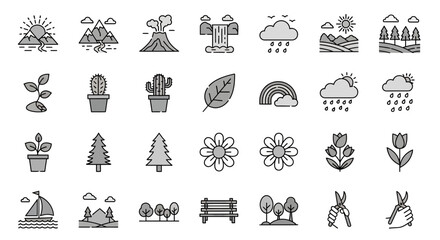 A collection of nature-themed line art icons, including mountains, plants, weather symbols, and gardening tools, arranged in rows.