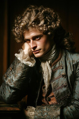 Young man resting his head on his hand, dressed in historical 18th century clothing with curly hair