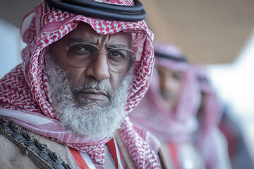 Elderly Arab sheikh with machine gun in a formal gathering during a cultural event