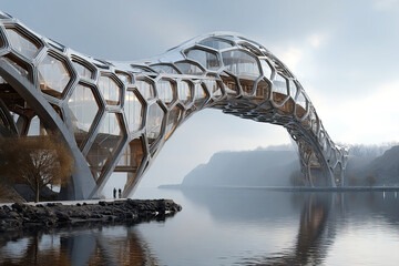 Modern bridge showcases innovative design above serene river in foggy landscape