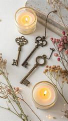 Three antique keys are laying on a white surface next to burning candles, dried flowers, and decorative elements, evoking a mysterious and cozy halloween atmosphere