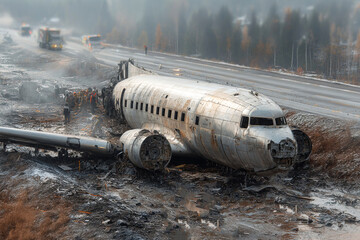 Passenger airliner wreckage crash site near highway with rescuers working on the scene