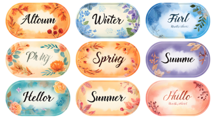 Nine Oval Labels with Seasonal Words and Watercolor Floral Designs