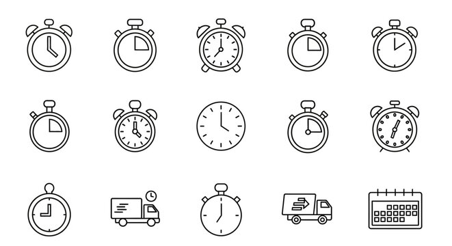 Collection of outline style icons representing time, delivery, deadline and schedule management