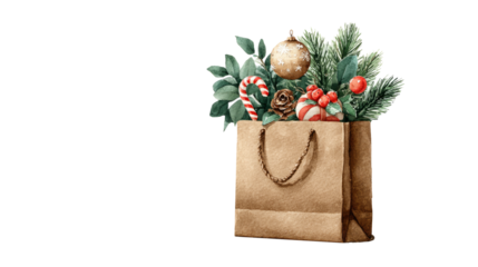 Festive holiday gift bag with ornaments and candy canes