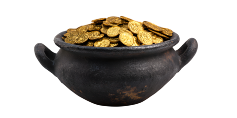 Overflowing Black Pot of Golden Coins clay cauldron