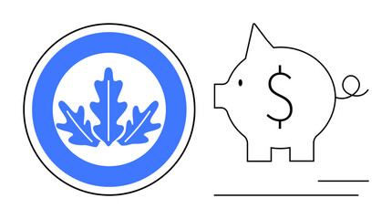 Oak leaf badge alongside outlined piggy bank with dollar sign. Ideal for finance, ecology, conservation, savings, sustainability, investment, eco-friendly concepts. Clean simple flat metaphor