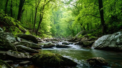 Fototapeta premium Flowing water cascades through a vibrant, lush green forest, with sunlight dappling the foliage and illuminating the rocky riverbed.