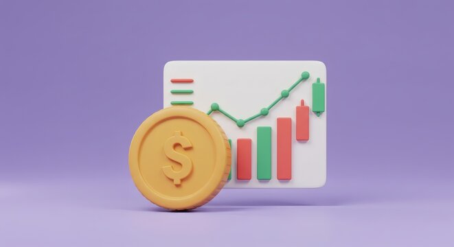 Financial Growth Chart and Dollar Coin on Purple Background.
