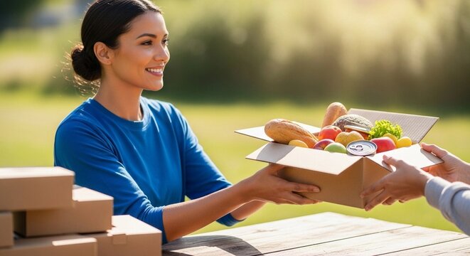 Woman volunteer giving opening cardboard box with food needle outdoors, delivery. Food donations in box, charity work. Social support and community help concept