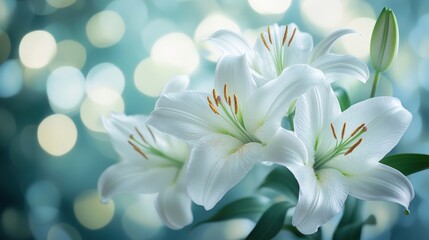 Fototapeta premium A serene arrangement of white lilies against a soft, blurred background, creating a tranquil and elegant atmosphere.