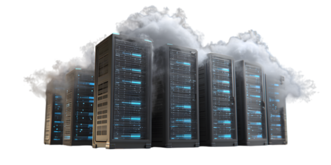 Server Racks with Blue Lights Surrounded by Clouds