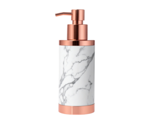 Minimalist airless pump bottle with curved asymmetrical silhouette, glossy Marble finish