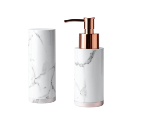 Minimalist airless pump bottle with curved asymmetrical silhouette, glossy Marble finish