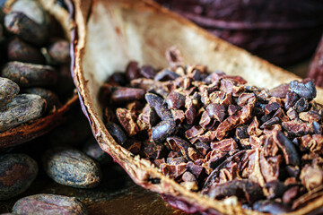 Close-up of Cocoa nibs and cocoa bean