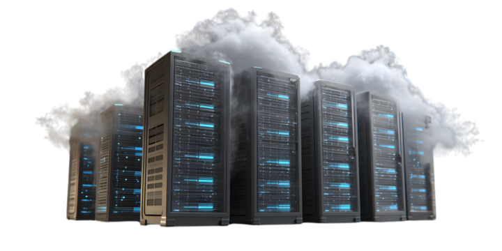 Server Racks with Blue Lights Surrounded by Clouds