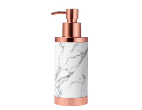 Minimalist airless pump bottle with curved asymmetrical silhouette, glossy Marble finish