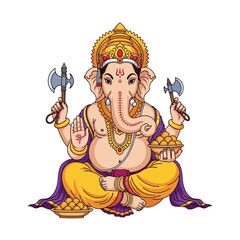 Obraz premium A vibrant illustration of the Hindu deity Ganesha seated in a meditative pose, holding sweets and weapons.