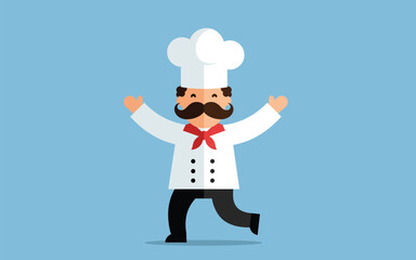 Vibrant Happy Chef Character Leaping with Joyful Expression and Open Arms Illustration