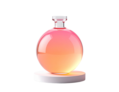 _Minimalist orb-shaped glass bottle resting on flat base, gradient liquid color