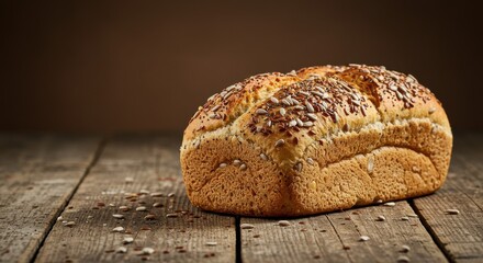 Naklejka premium Loaf of multigrain bread with seeds on a rustic wooden table background