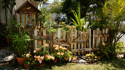 Obraz premium Colorful flower garden with wooden fence and decorative elements 
