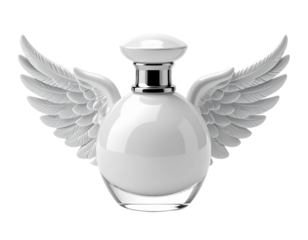 Luxury matte white perfume bottle with sculpted angel-wing cap design, isolated PNG