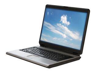 Fototapeta premium Laptop Displaying Clear Blue Sky Scene