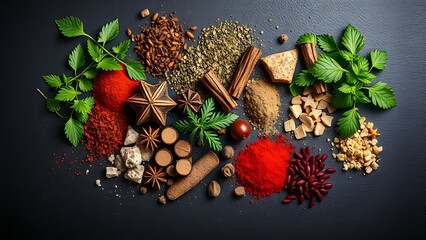 Assorted herbs and spices arranged on a dark surface, overhead view.