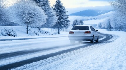 Obraz premium Winter Adventure on a Snowy Road A White Automobile Navigating Through a Beautiful Winter Landscape