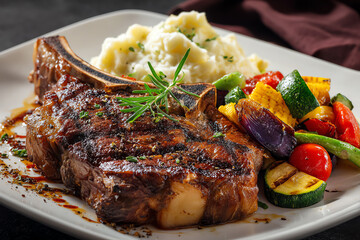 Savory Delight: A mouthwatering plate of grilled steak is presented with a side of fluffy mashed potatoes and a vibrant medley of grilled vegetables, a feast for the senses. 