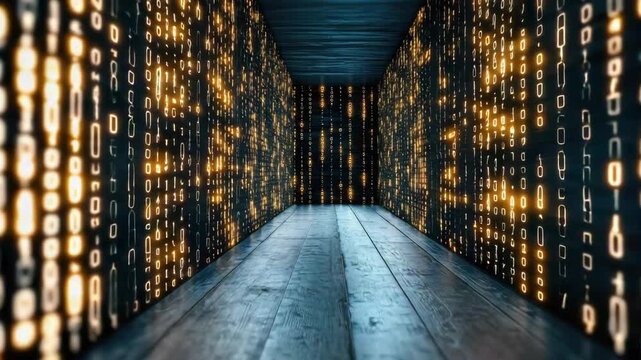 Futuristic Digital Corridor Featuring Glowing Binary Code Walls for Advanced Technology Experience