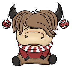 Cute Christmas Highland Cow clip art with scarf and ornaments on horns. Perfect for holiday cards, posters, stickers, mugs and cozy winter designs