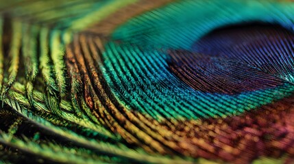 photograph showcases the intricate details of a vibrant feather, displaying a spectrum of colors including teal, green, yellow, and purple, emphasizing the textures and delicate structures with a...