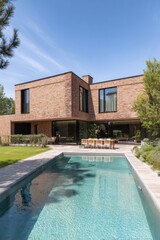 Fototapeta premium This contemporary brick house is surrounded by a tranquil swimming pool and a vibrant, lush garden, perfectly situated in a sunny outdoor setting