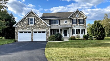 Suburban stone house, landscaped yard, driveway, blue sky. Real estate listing