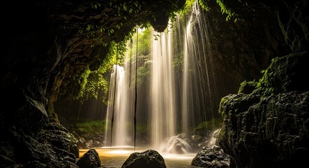 View from Behind a Jungle Waterfall in Grotto at Golden Hour | Serene Moss-Covered Cave for Calming Backgrounds & Wallpaper

