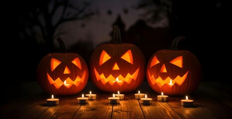 Three carved Halloween jack o lantern pumpkins illuminate a dark night. Spooky decoration template banner with glowing eyes and mouths for Halloween holiday with copy space.
