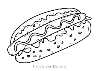 Black and white illustration of a delicious hot dog with mustard, ready to eat.