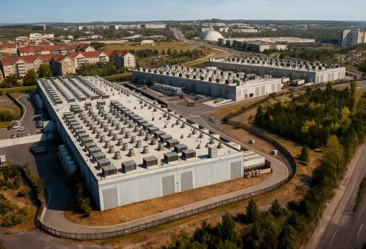 A precise architectural sketch of a vast data center campus transforms into a real drone view of the Loudoun County, Virginia facility