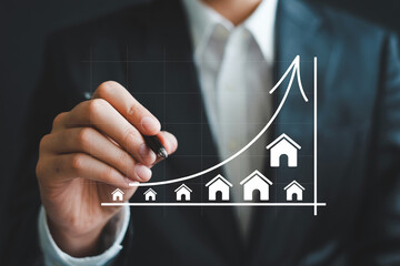 Real estate market analysis showing property value increase with upward trend graph and business man