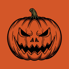 Fototapeta premium Vector illustration of a menacing carved pumpkin with an evil, angry face. A spooky Jack-o'-lantern graphic for Halloween and autumn holiday designs