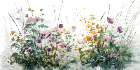 Watercolor wildflowers and grasses with white and purple blooms